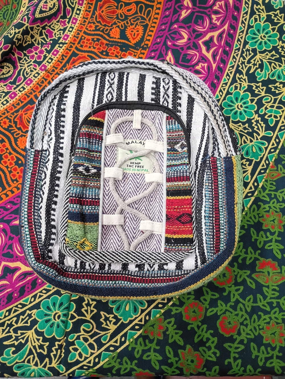 NWOT Himalayan Hemp Striped MiniBackpack with Colorful Panels